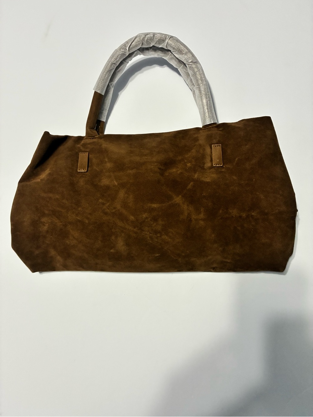 Faux Suede Structured Tote Bag w/ Shoulder Strap — Tan/Cognac, NWT Condition